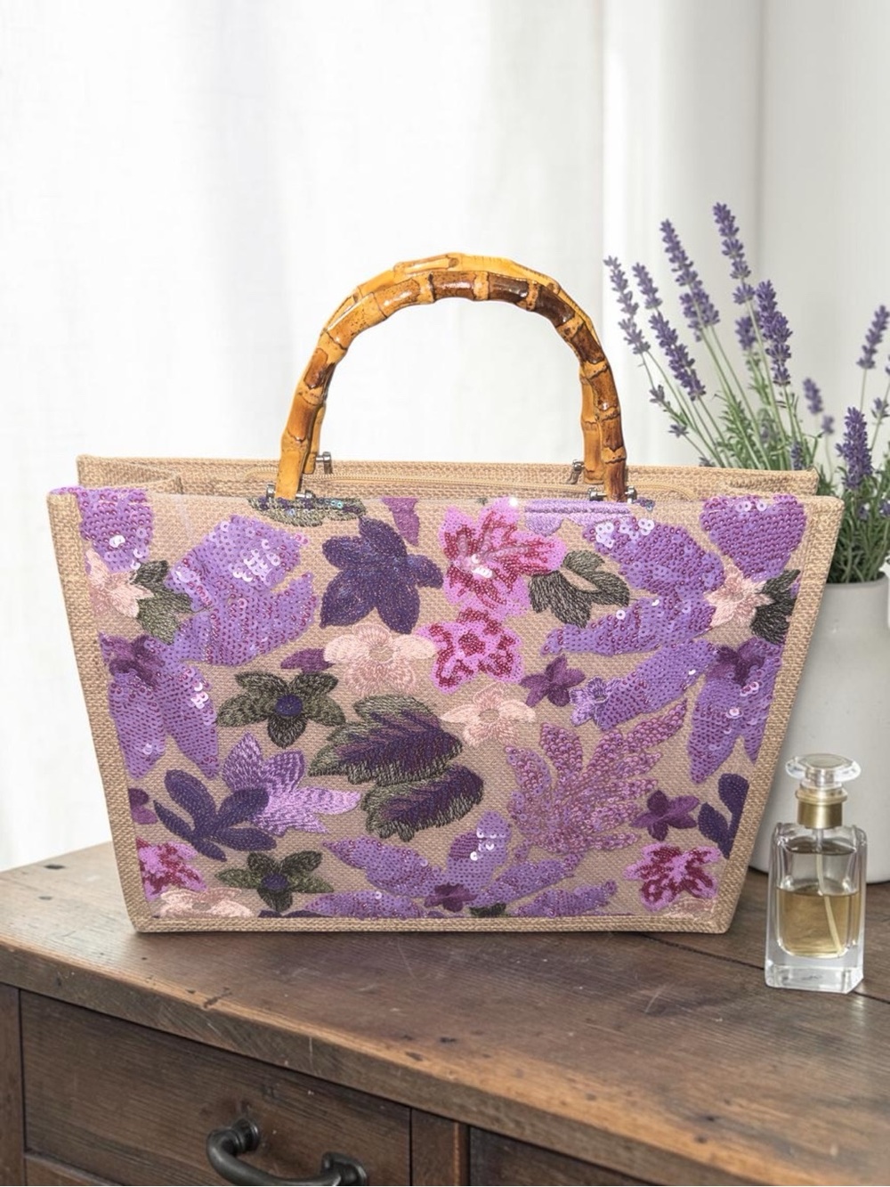 violet sequin and mesh patchwork tote bag
